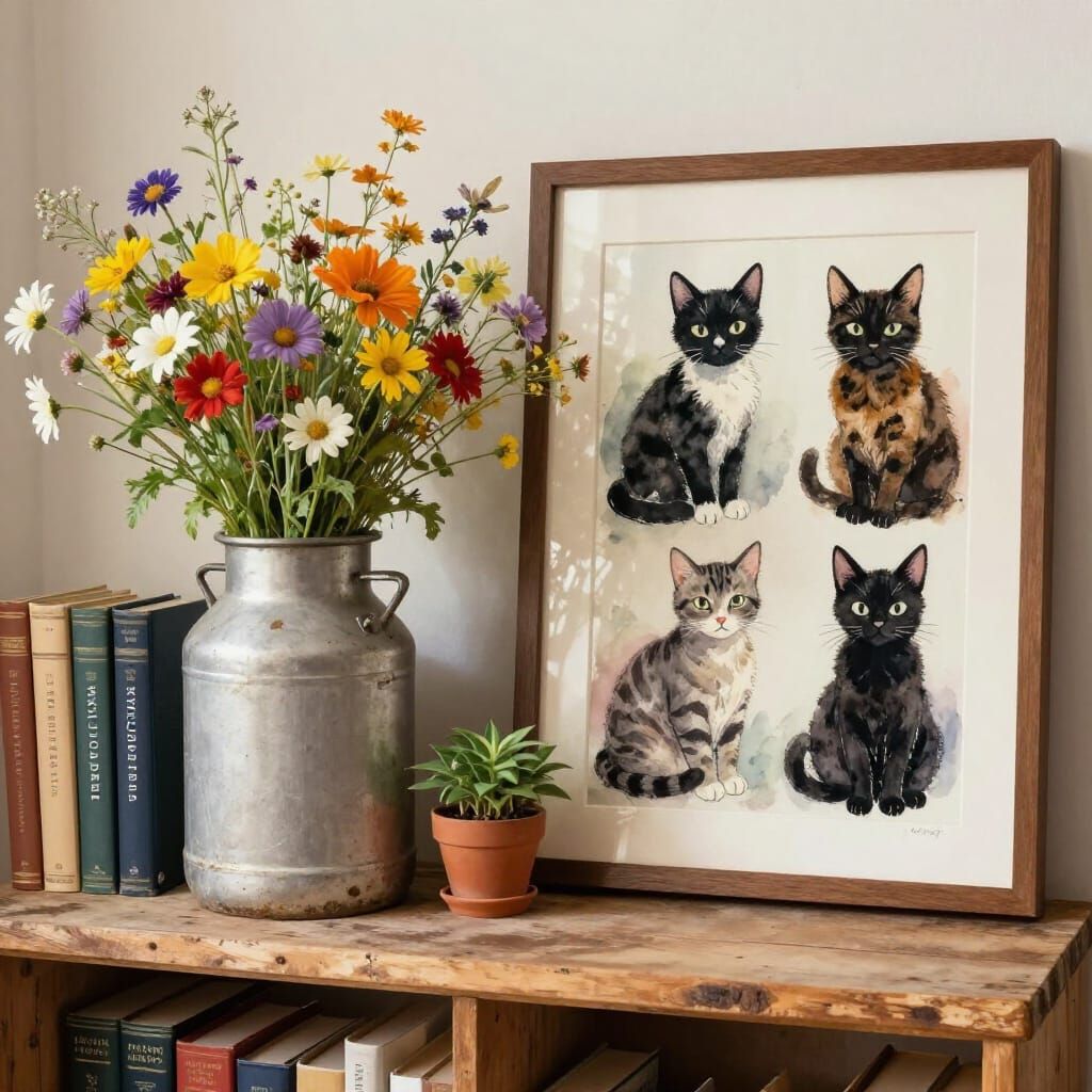 Wildflowers in Milk Jug & Cat Portraits on Bookshelf