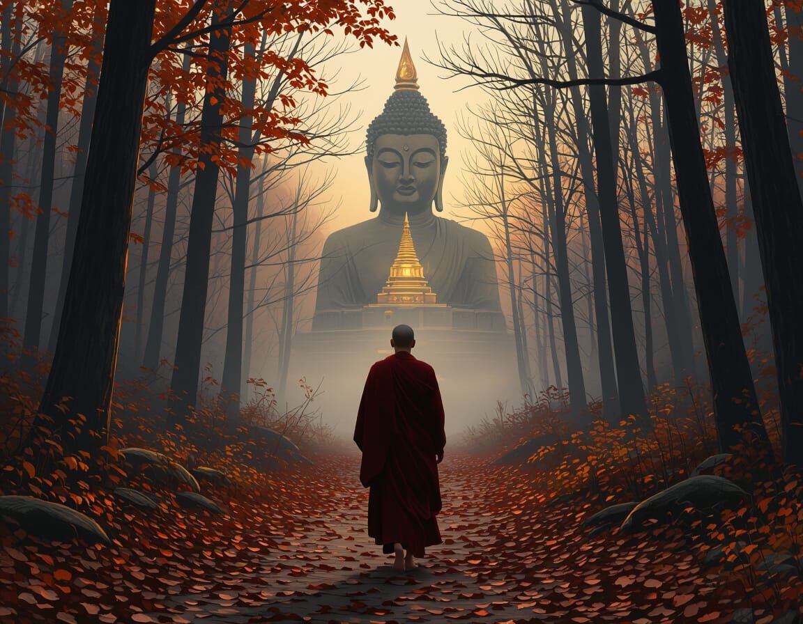 Mystical Monk's Journey to Golden Stupa in Autumnal Twilight