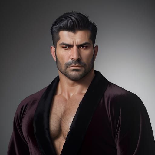 Sad Hunk in Black Velvet Robe as Impasto Painting