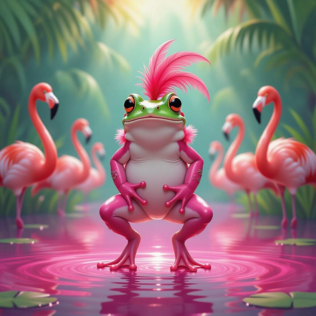 Pink Frog Impersonating Flamingo in Magical Realism Style