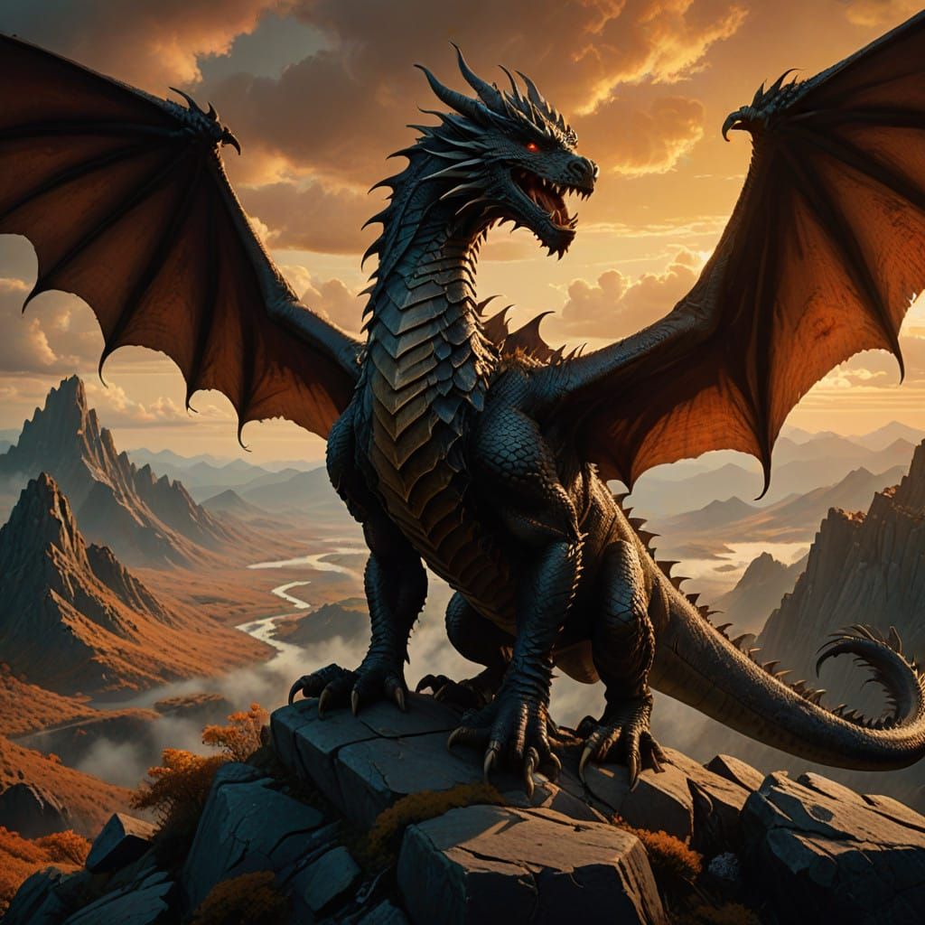 Epic Dragon Standing on Majestic Mountain Peak in Cinematic...