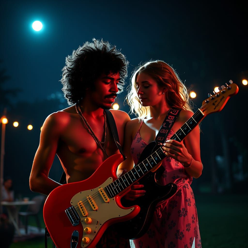 Musicians Embrace Under Starry Sky by Luminous Lagoon