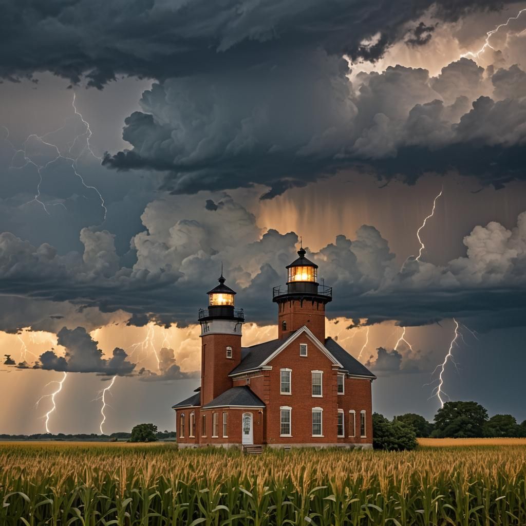 Lighthouse Amidst Indiana Cornfields Under Stormy Skies