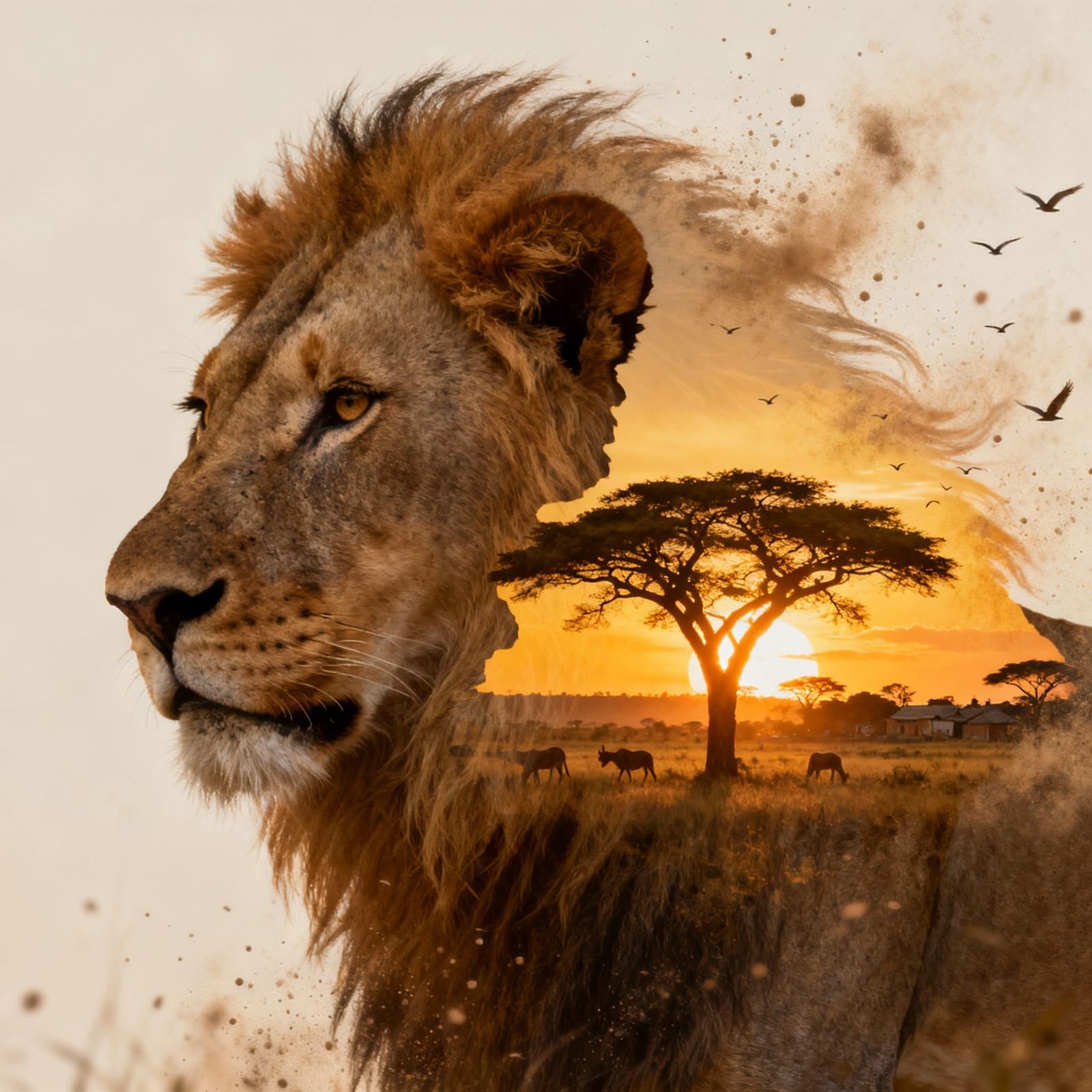 Lion's Profile Merged with African Savanna Sunset Art