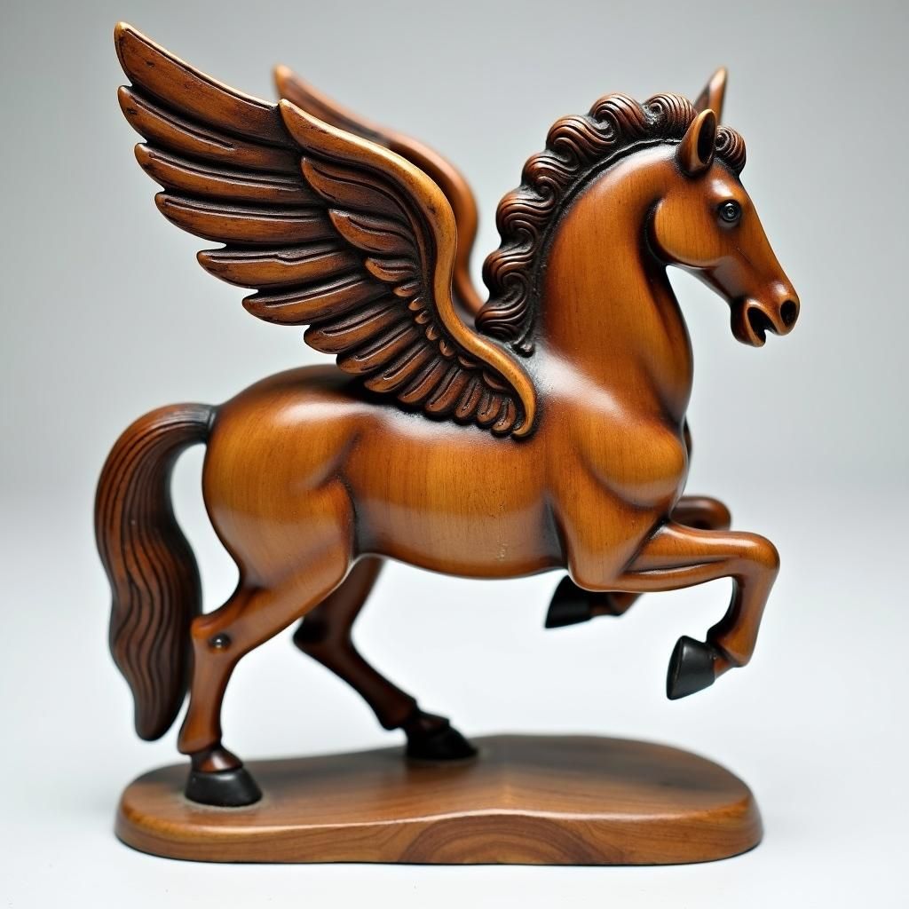 Intricate Wood Carving of Pegasus in Flight