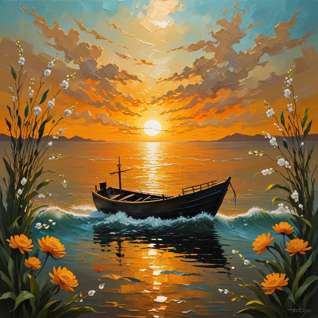 Golden Ocean Sunset with Impressionist Ship Silhouette