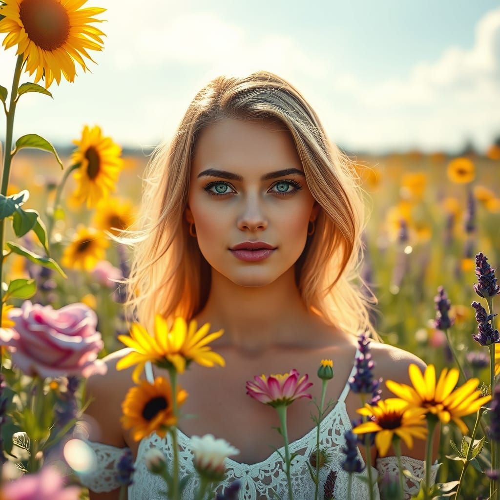 Blue-Eyed Woman in Floral Meadow, Impressionistic Style