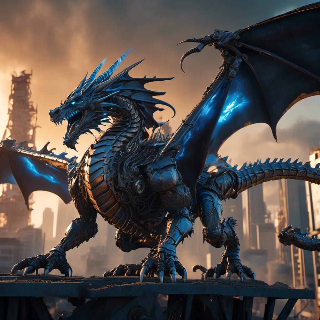 Cybernetic Dragon Howling in Post-Nuclear Cityscape