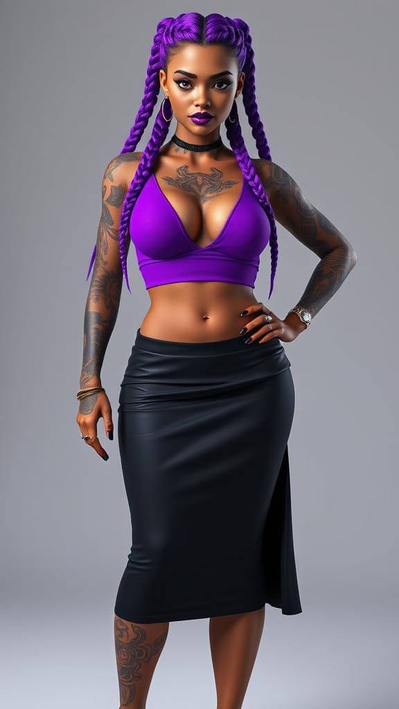 Hyper-Realistic Female Figure in Vibrant Purple Attire