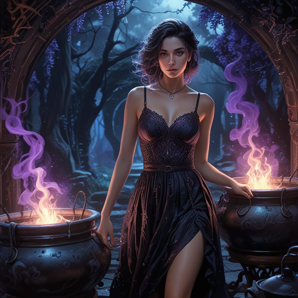 Ethereal Woman in Black Lace Sundress Amidst Magical Cauldro...