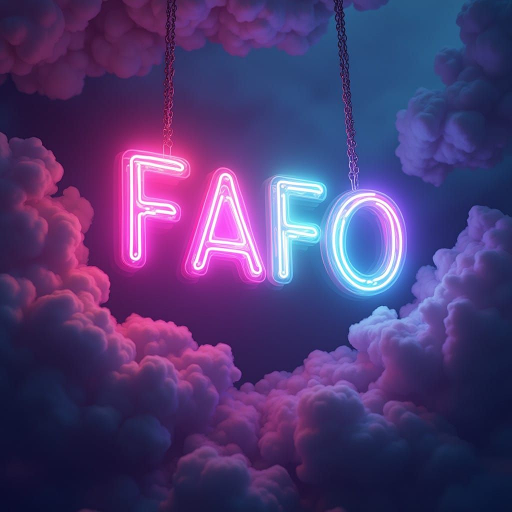 FAFO Neon Sign in Dreamlike Atmosphere with Swirling Clouds