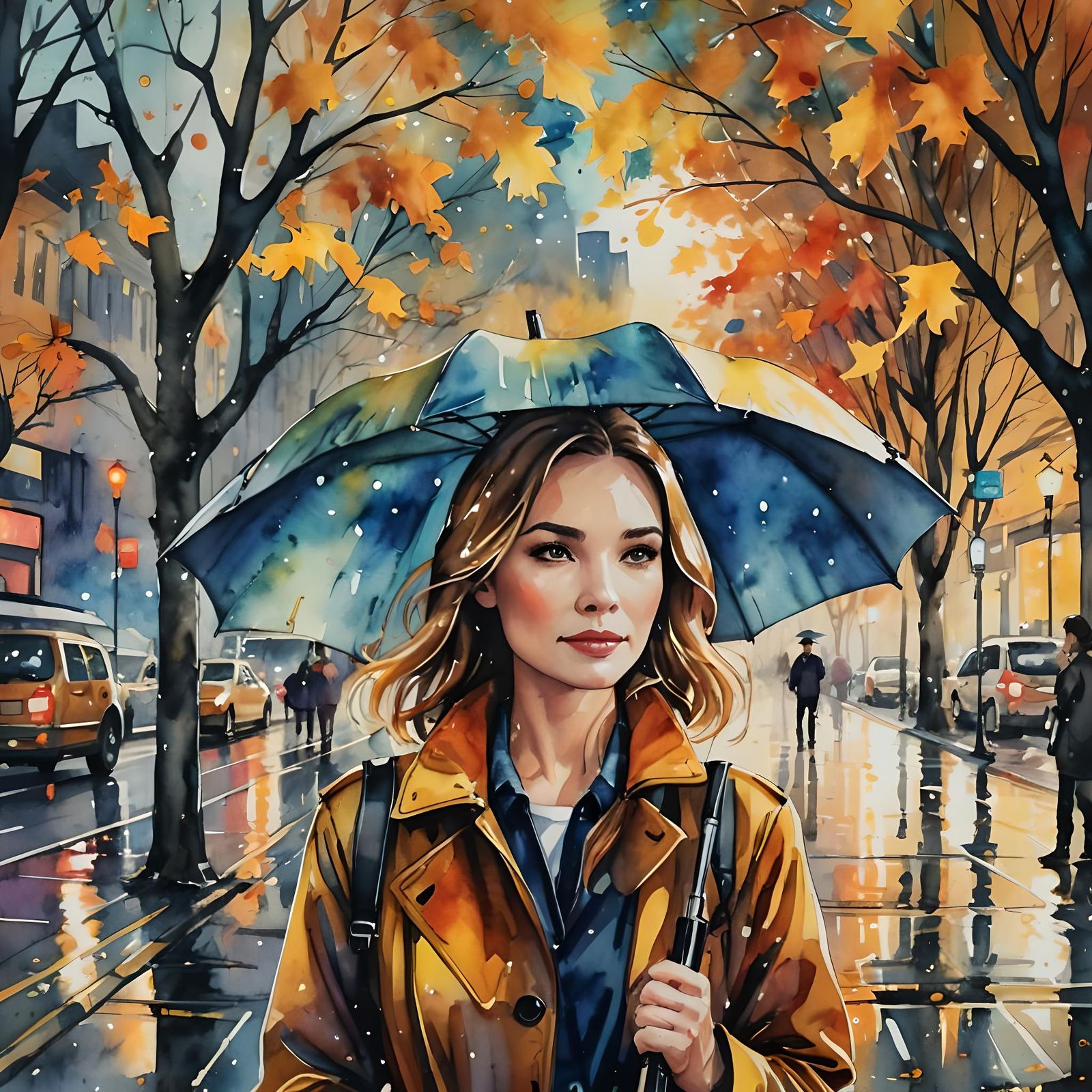 Vivid Watercolor City Night Scene with Golden Light