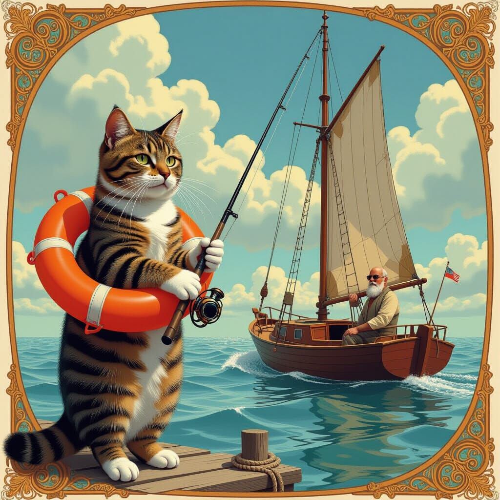 Tabby Cat Fishing Adventure in Art Nouveau Style