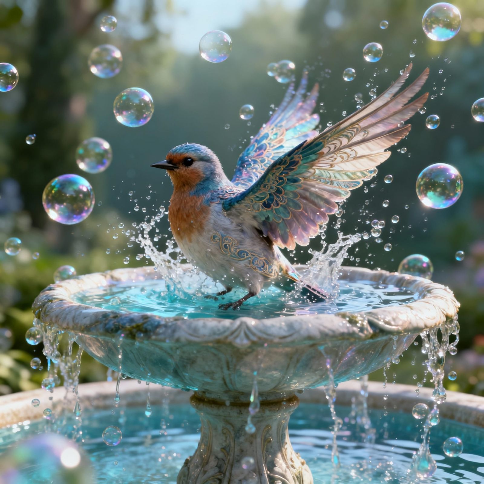 Birds Bathing in a Bubble Fountain, Ultra-Realistic 3D Rende...