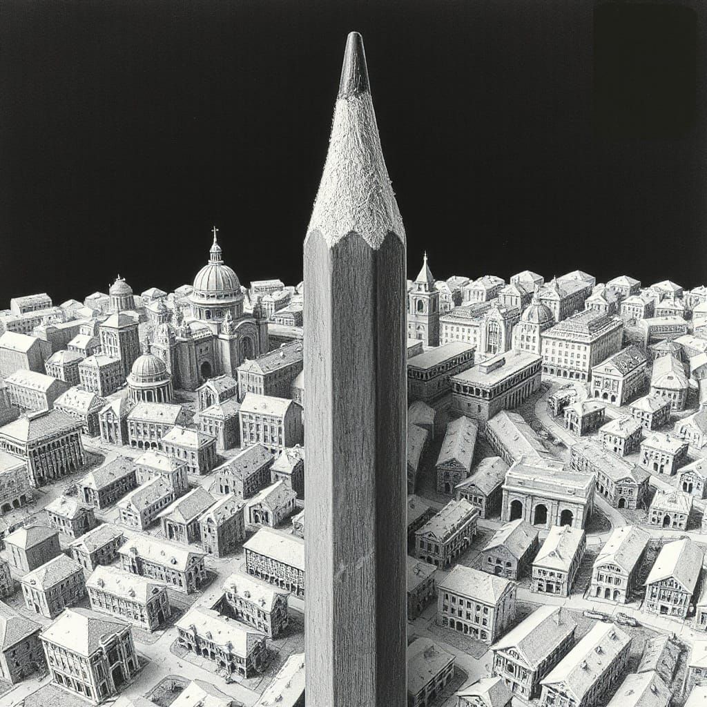 A pencil transforming from the tip into an entire city. MC E...