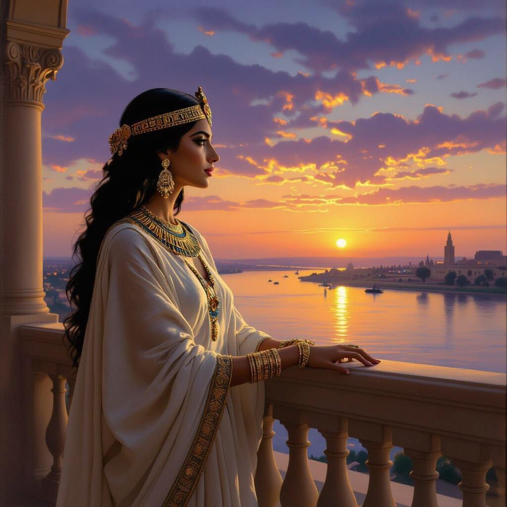 Elegant Egyptian Woman Overlooking Nile at Dusk in Neoclassi...