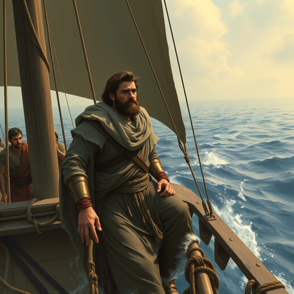 Sailing Atonement in Earthy Mythic Seascape