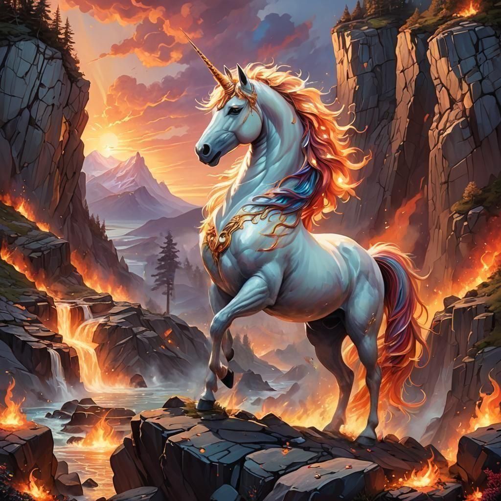 Fiery Unicorn: A Majestic Flame-Adorned Creature