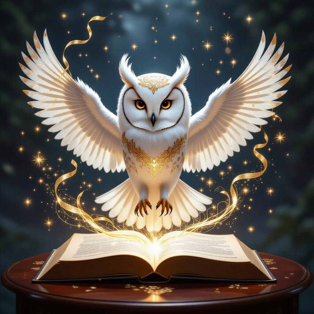Ethereal Golden Owl Instructor Radiating Magic in Anime Styl...