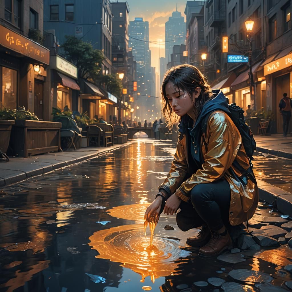 Glowing Tears Flowing in City Stream: Fantasy Art