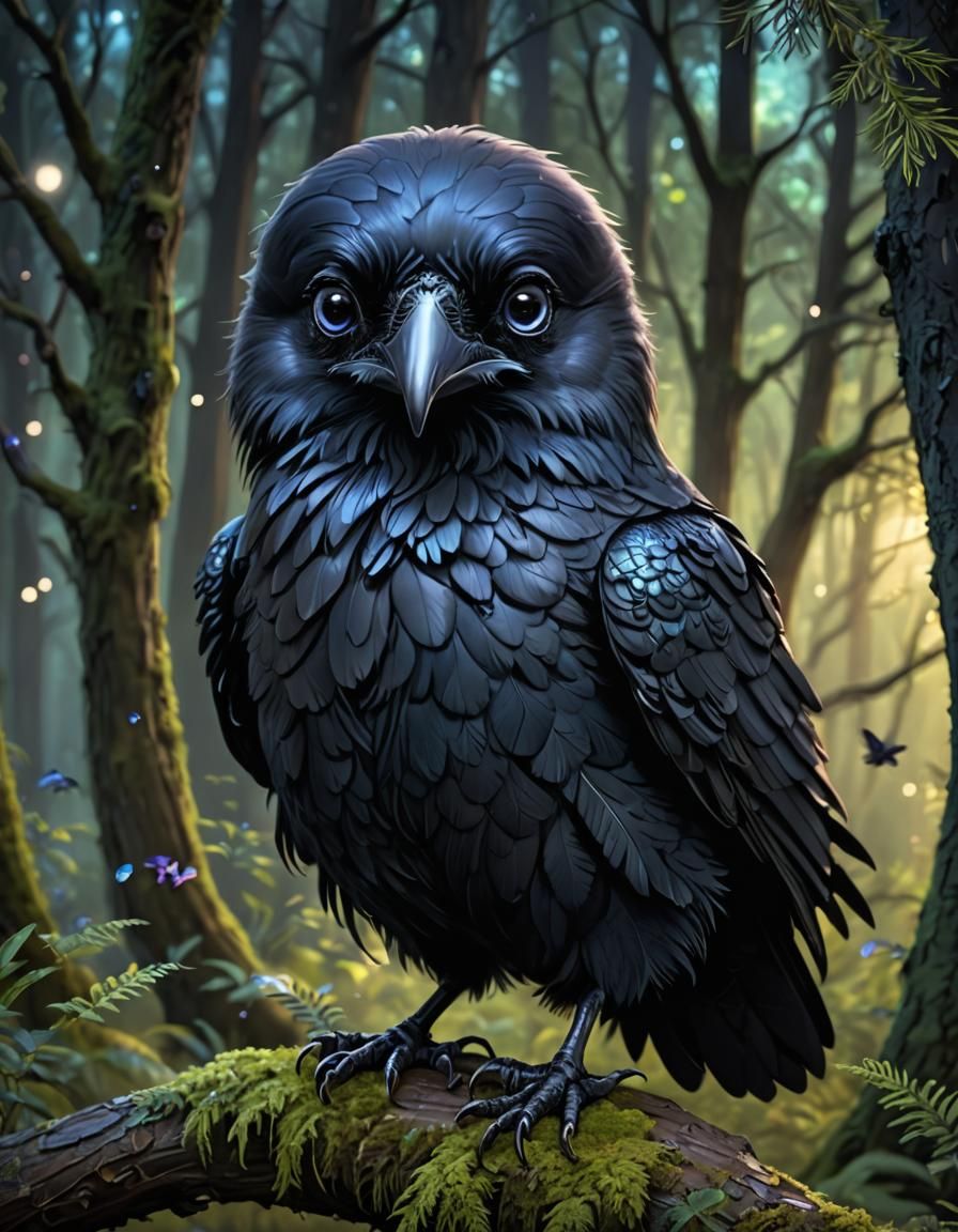 Iridescent Raven in Fantasy Forest, Detailed Digital Art