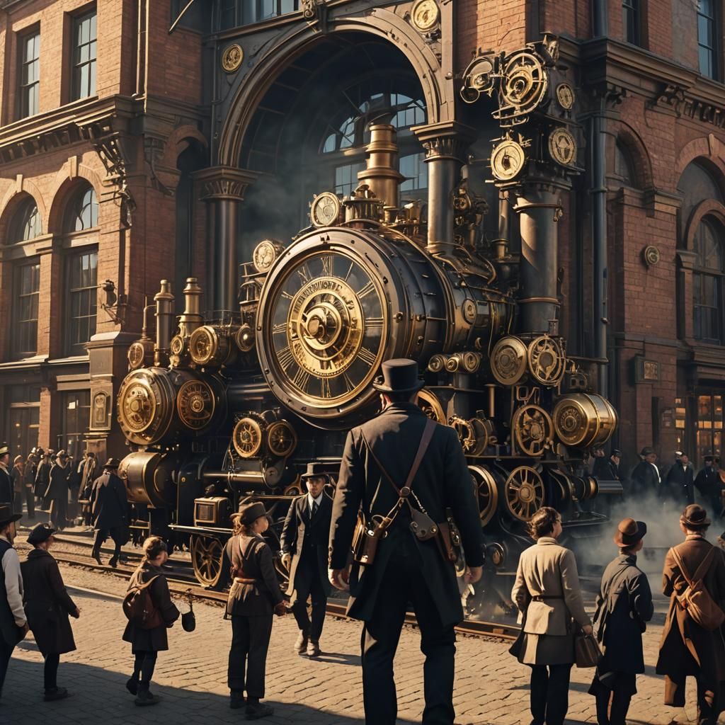Steampunk Train Station with Clockwork Gears and Engines