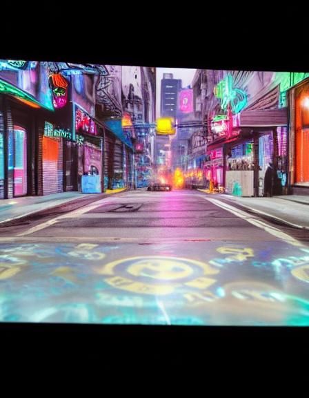 Cyberpunk Logo Emitting Electronic Pulses in Neon Cityscape