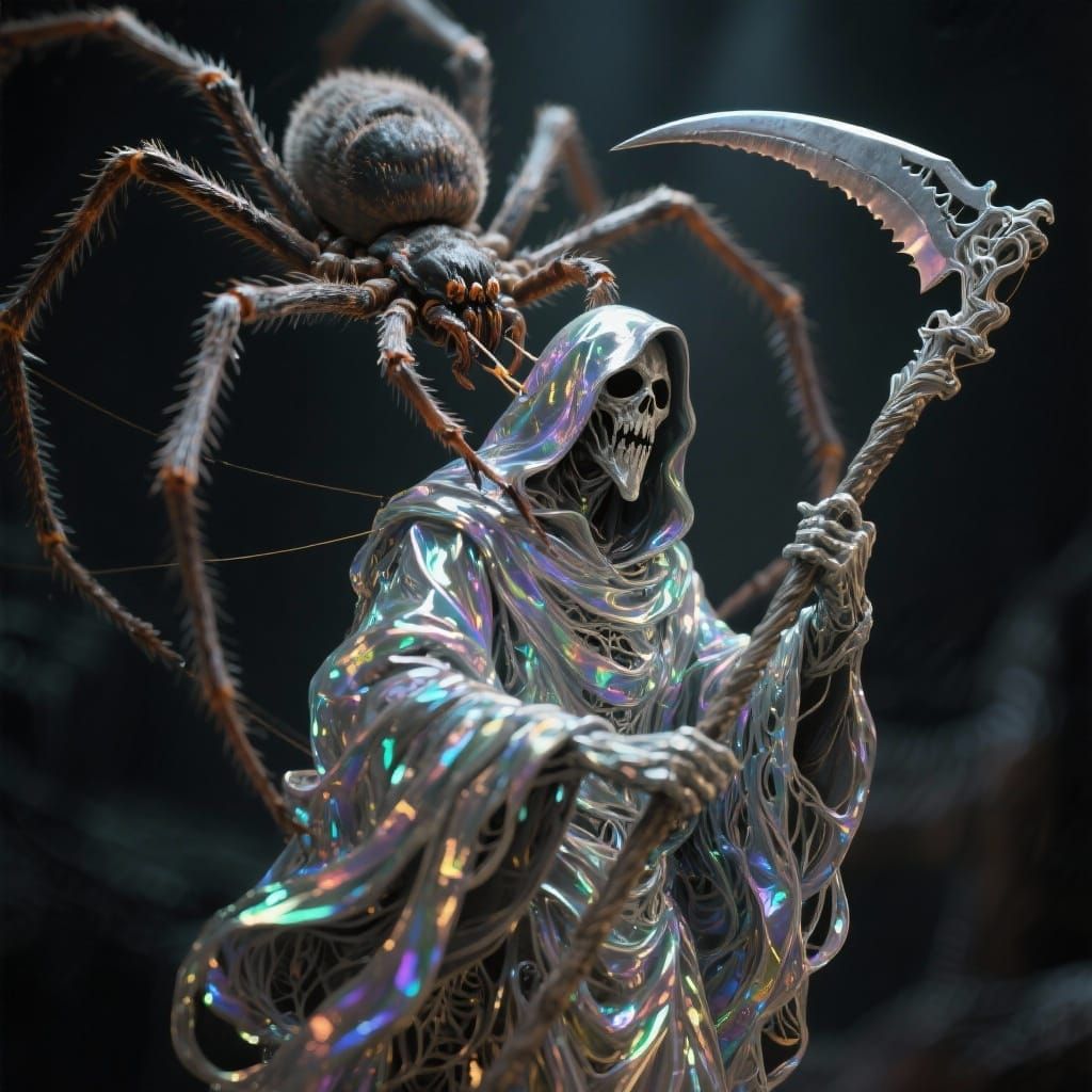 Spider Crafts Grim Reaper Sculpture from Shimmering Silk