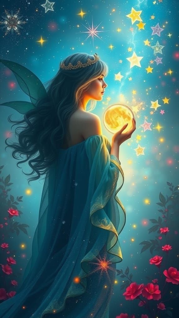 Ethereal Fantasy Woman Made from Celestial Dust in Vibrant C...