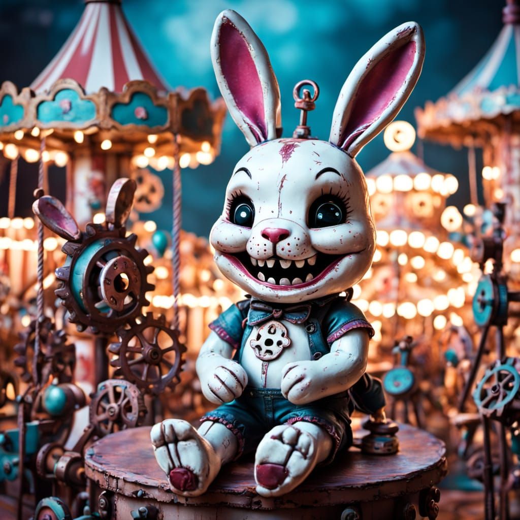 Pastel Horror: Sinister Bunny on Broken Carousel