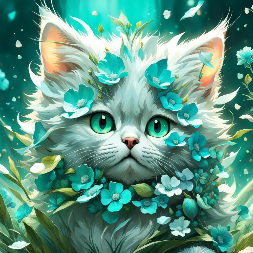 Cute Cat with Flowers: Digital Art Masterpiece