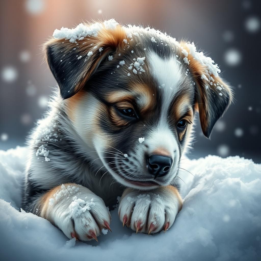Puppy Covered in Snow: Hyperrealistic Splash Art