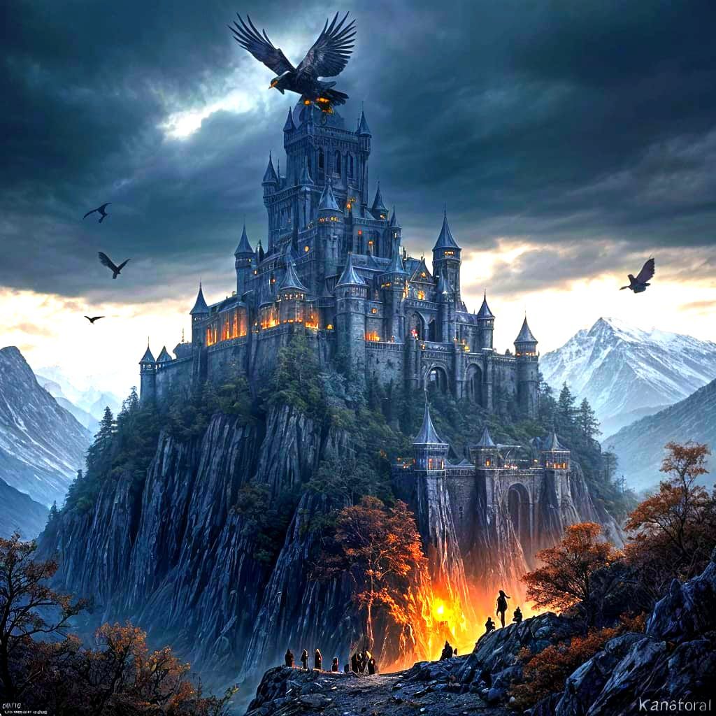 Dark Fantasy Mountain with Palaces and Eagle