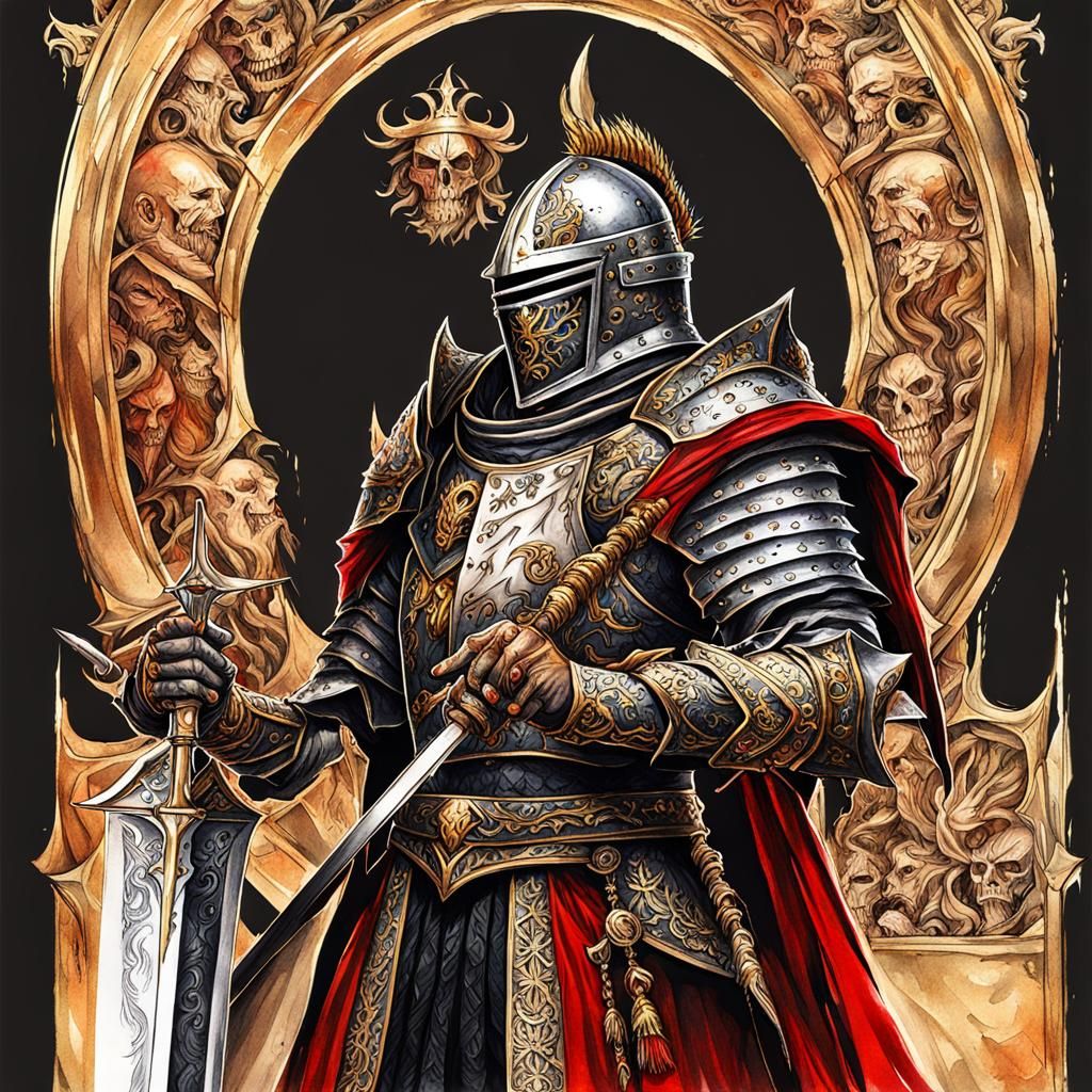 Gothic Knight Portrait with Longsword in Watercolor