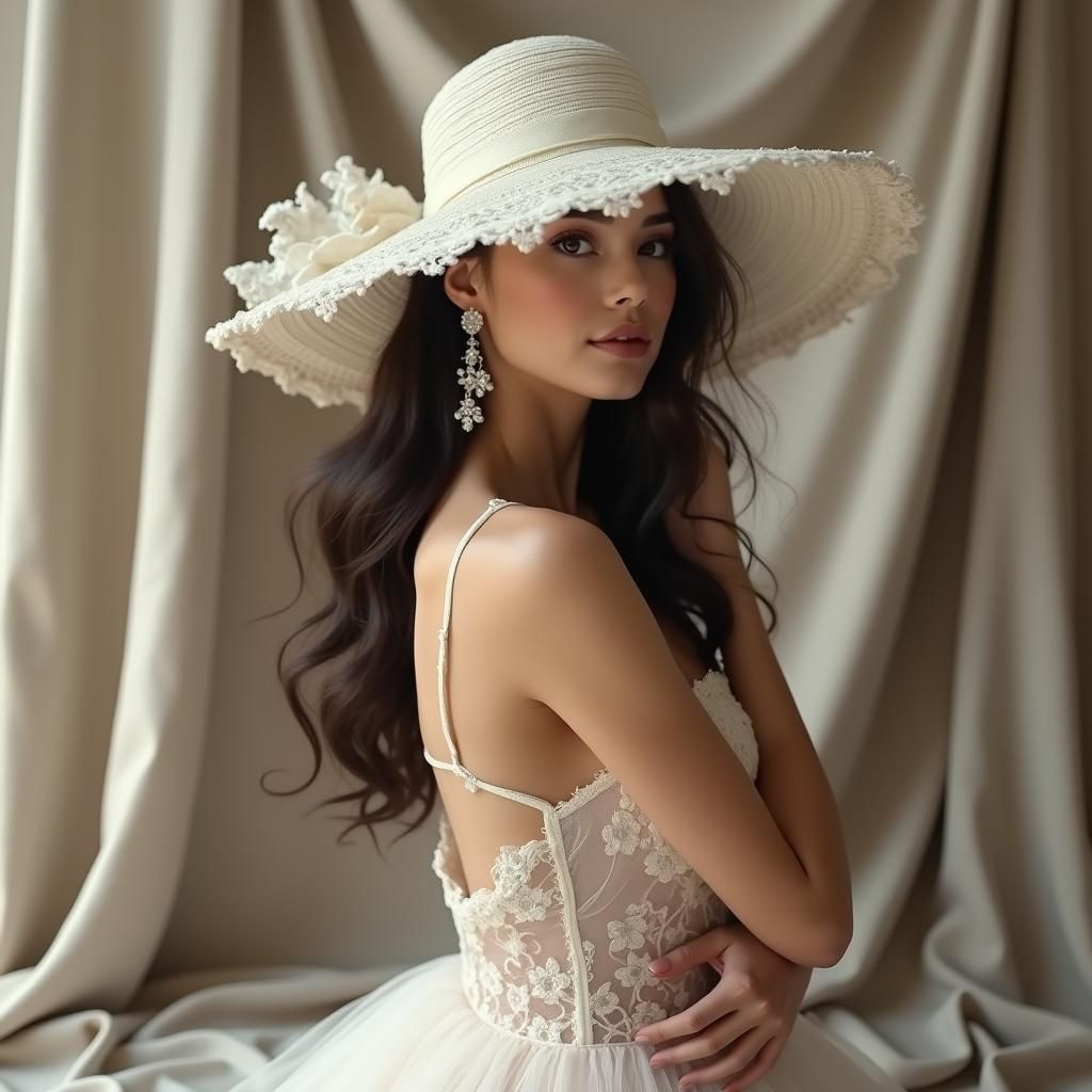 Elegant Woman in Lace Hat, Photorealistic Portrait