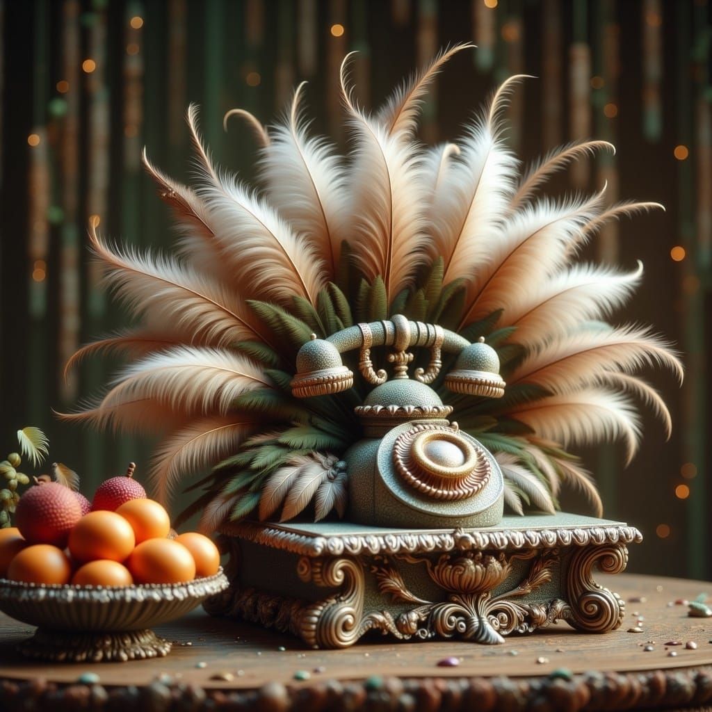 Stone Phone with Shell Receiver and Feathered Fruit