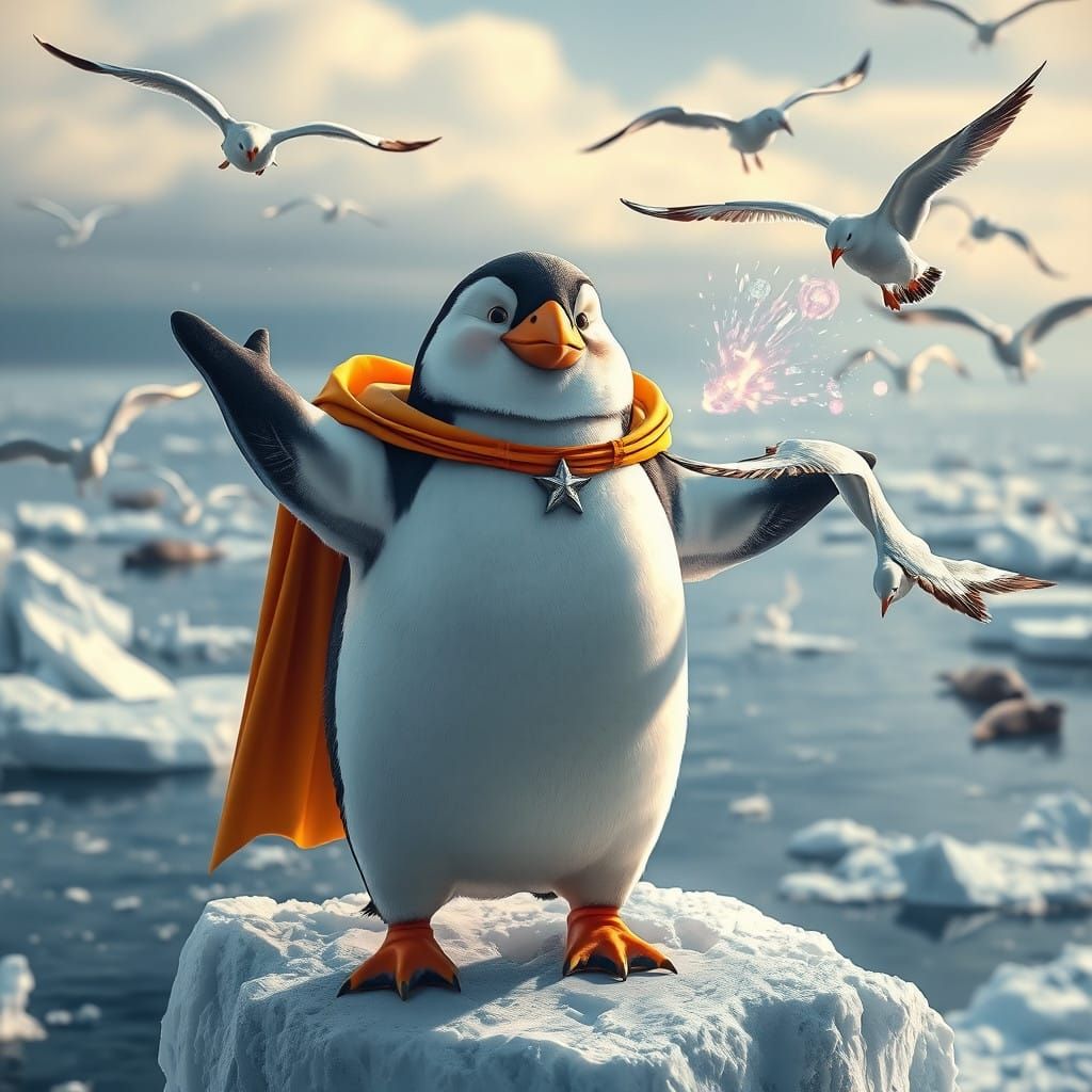 Penguin Hero Triumphant on Icy Throne