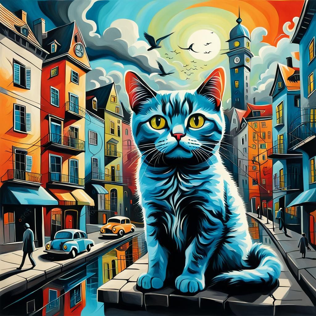 Surreal Kitties in the City with Expressive Colors