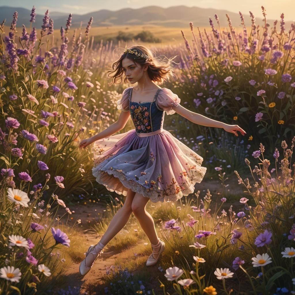 Girl Dancing in Flower Field: Fantasy Concept Art