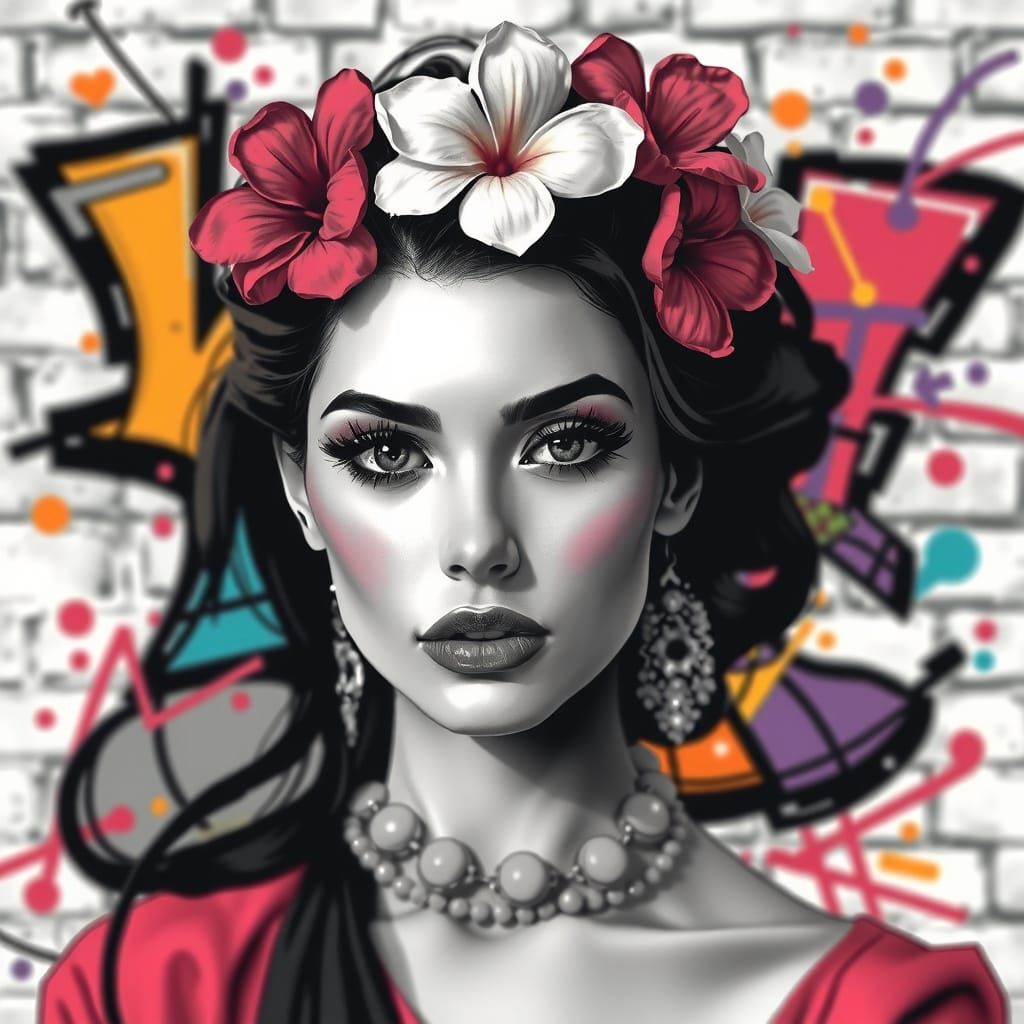 Monochrome Pop Art Portrait with Floral Adornments