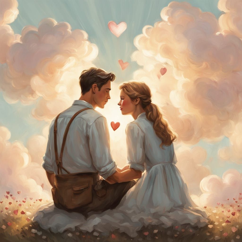 Whimsical Couple Surrounded by Soft Pastel Clouds