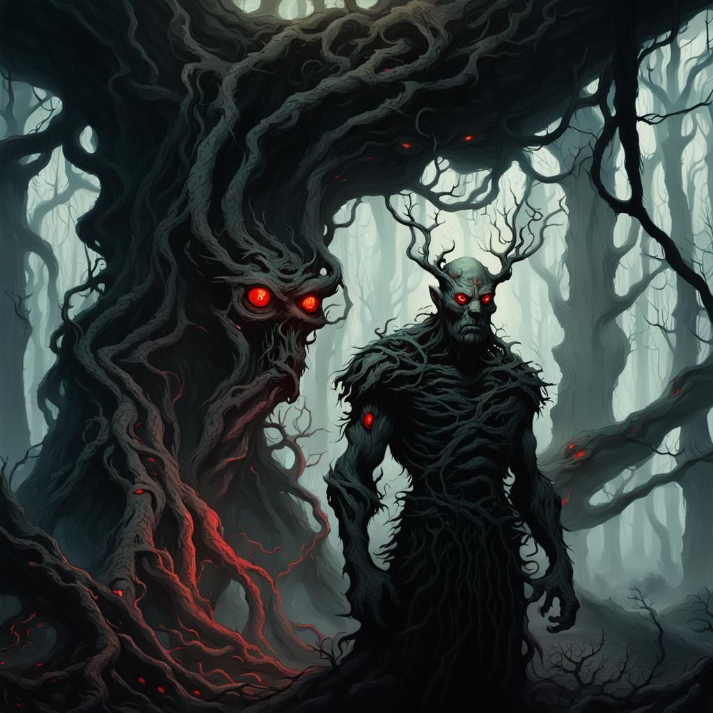 Menacing Figure in Dark Fantasy Forest Illustration