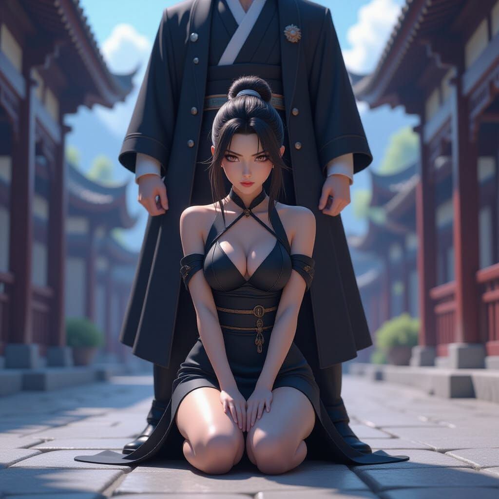 3D Anime Art: Woman Kneels Before Stoic Man