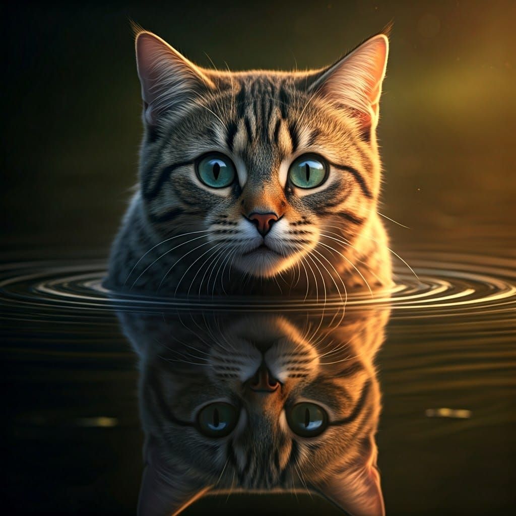 Curious Feline Investigates Pond Reflection