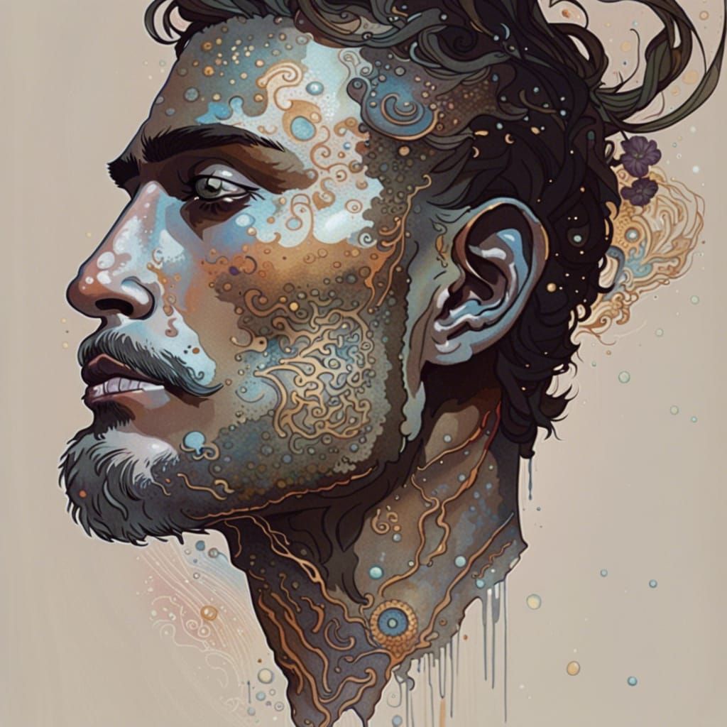 Scarred Man Portrait in Art Nouveau Style