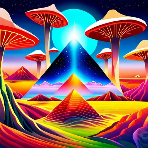 Trippy Mushrooms and Pyramids in a Cosmic Collage
