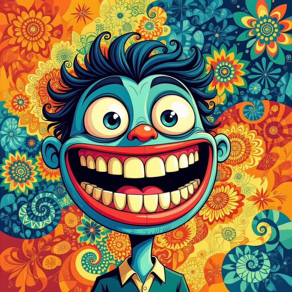 Cartoon Character with Oversized Teeth in Abstract Vector St...