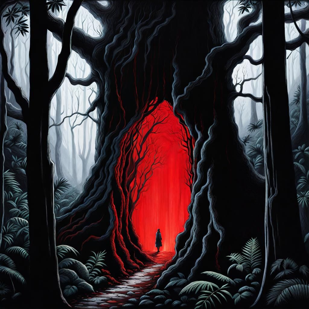Glowing Red Tree Cave in Dark Jungle