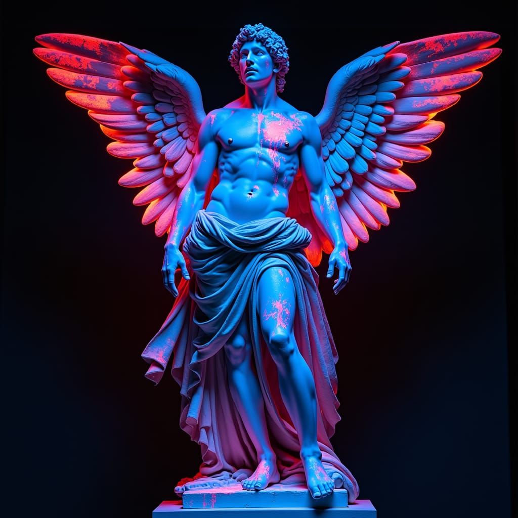 Glowing Angel Statue in Black Light Painting Style