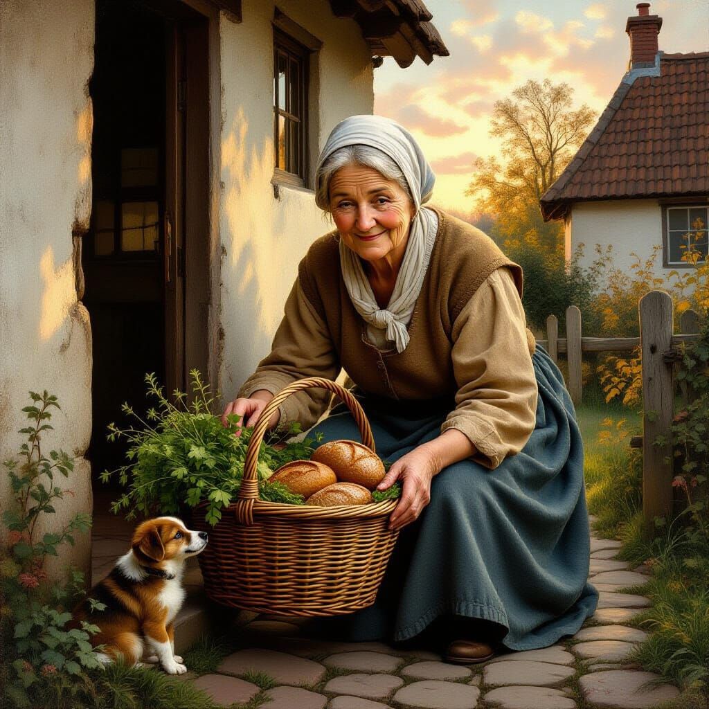 Elderly Woman Shares Bounty at Sunset